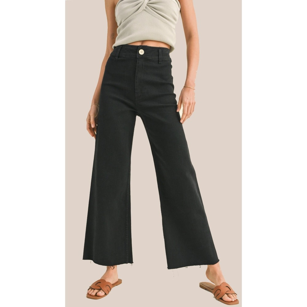 Miou‎ Muse Straight Wide Leg Denim Pants Medium Faded Black Raw Hem High Rise